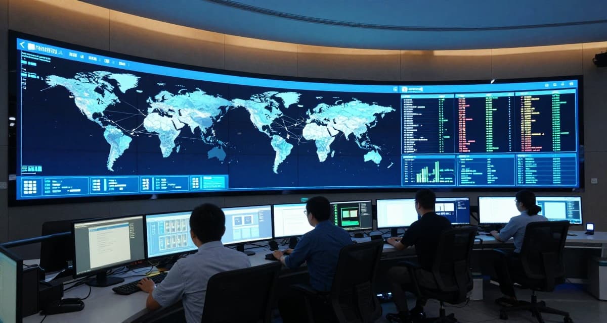Futuristic monitoring command center with multiple displays